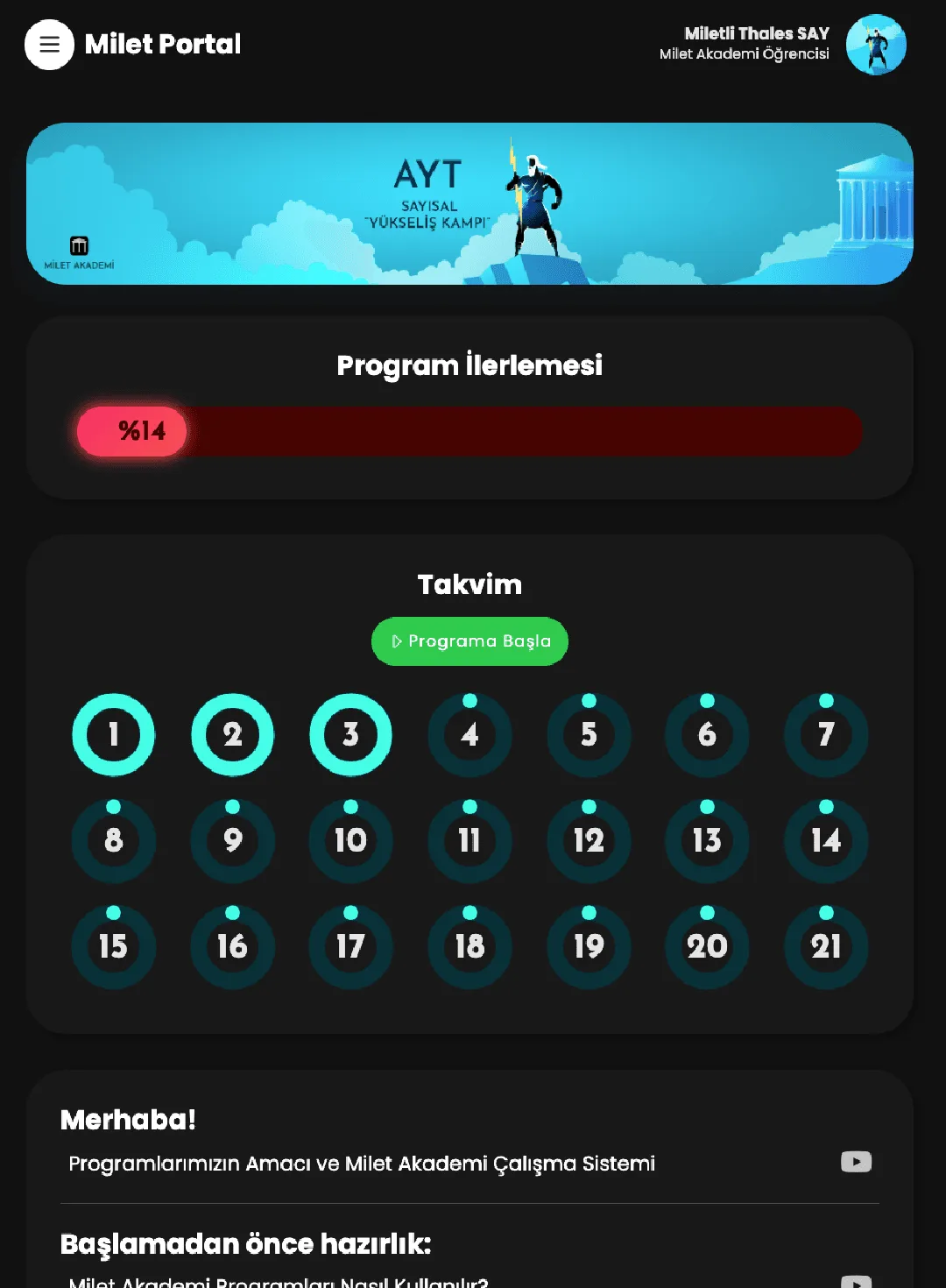 Milet Portal'da AYT Sayısal Yükseliş Kampı: 21 günlük takvim, ilerleme ve başlangıç videoları
