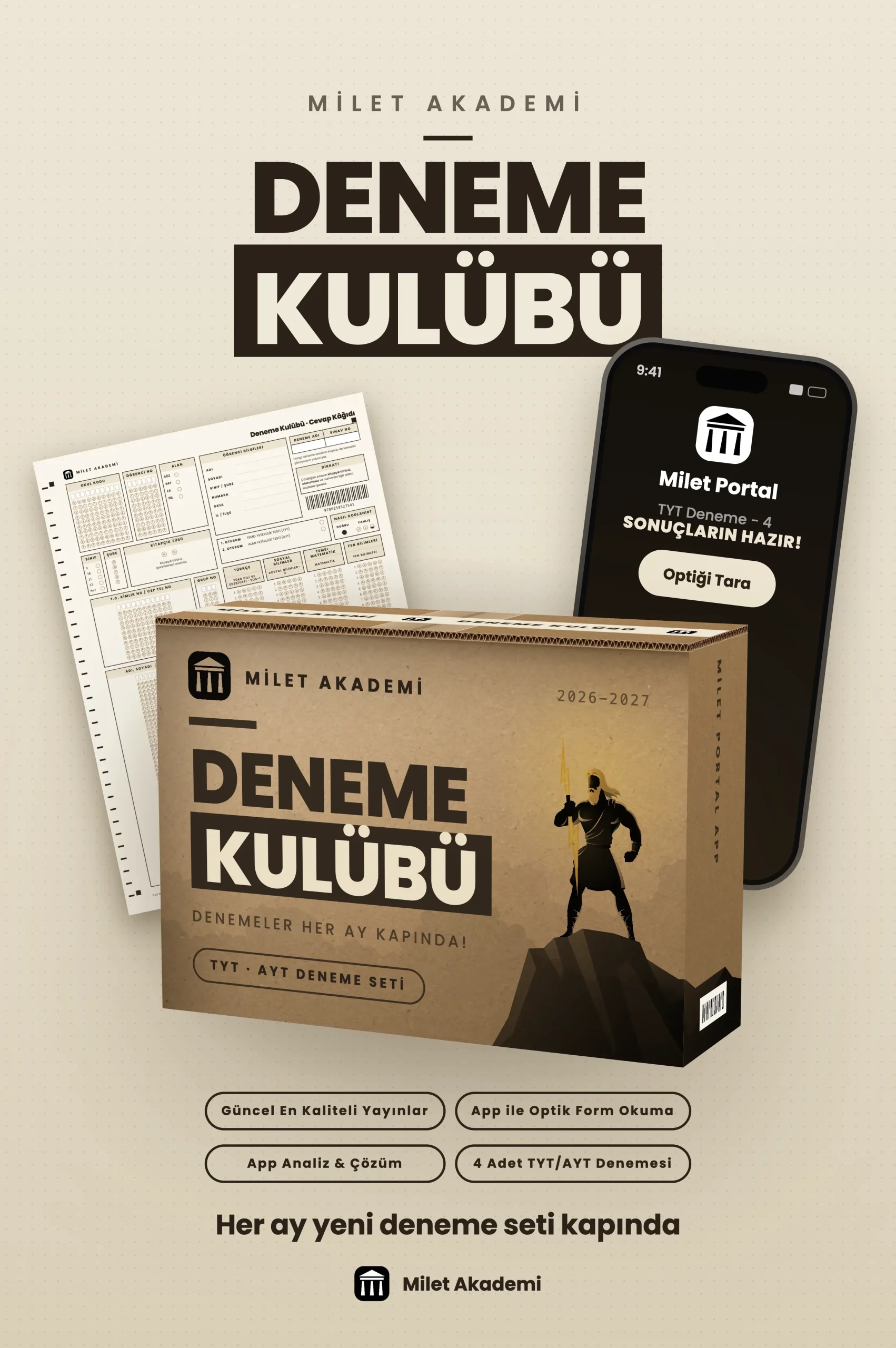 Milet Akademi Deneme Kulübü kutusu, optik cevap kâğıdı ve Milet Portal uygulamasının optik tarama ekranı