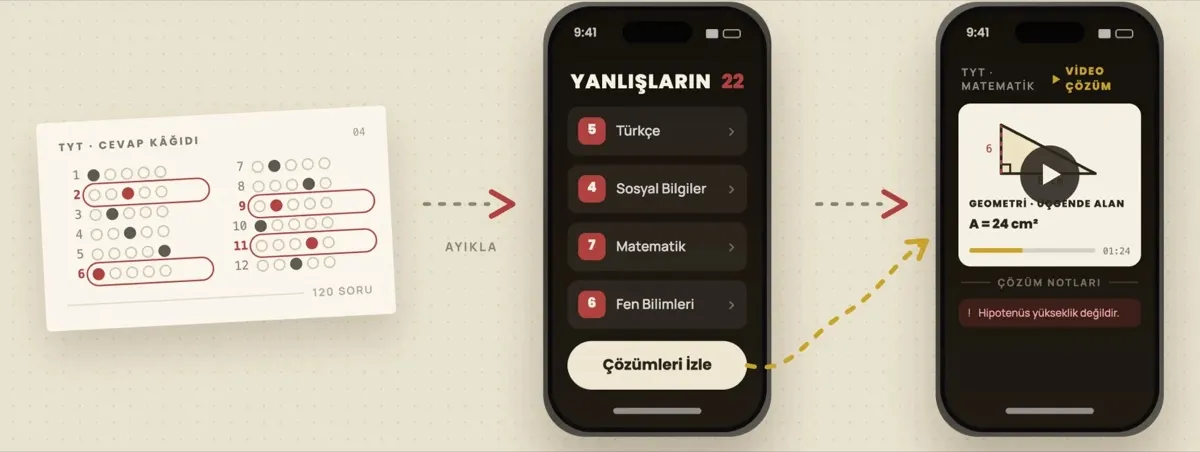 Milet Portal uygulamasında TYT yanlışlarının ders ders listesi ve video çözüm ekranı