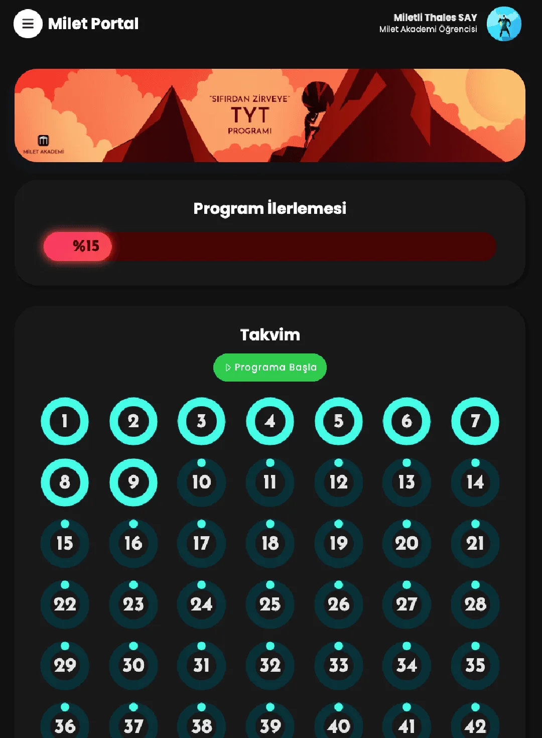 Milet Portal'da Sıfırdan Zirveye TYT Programı: ilerleme çubuğu ve gün gün takvim